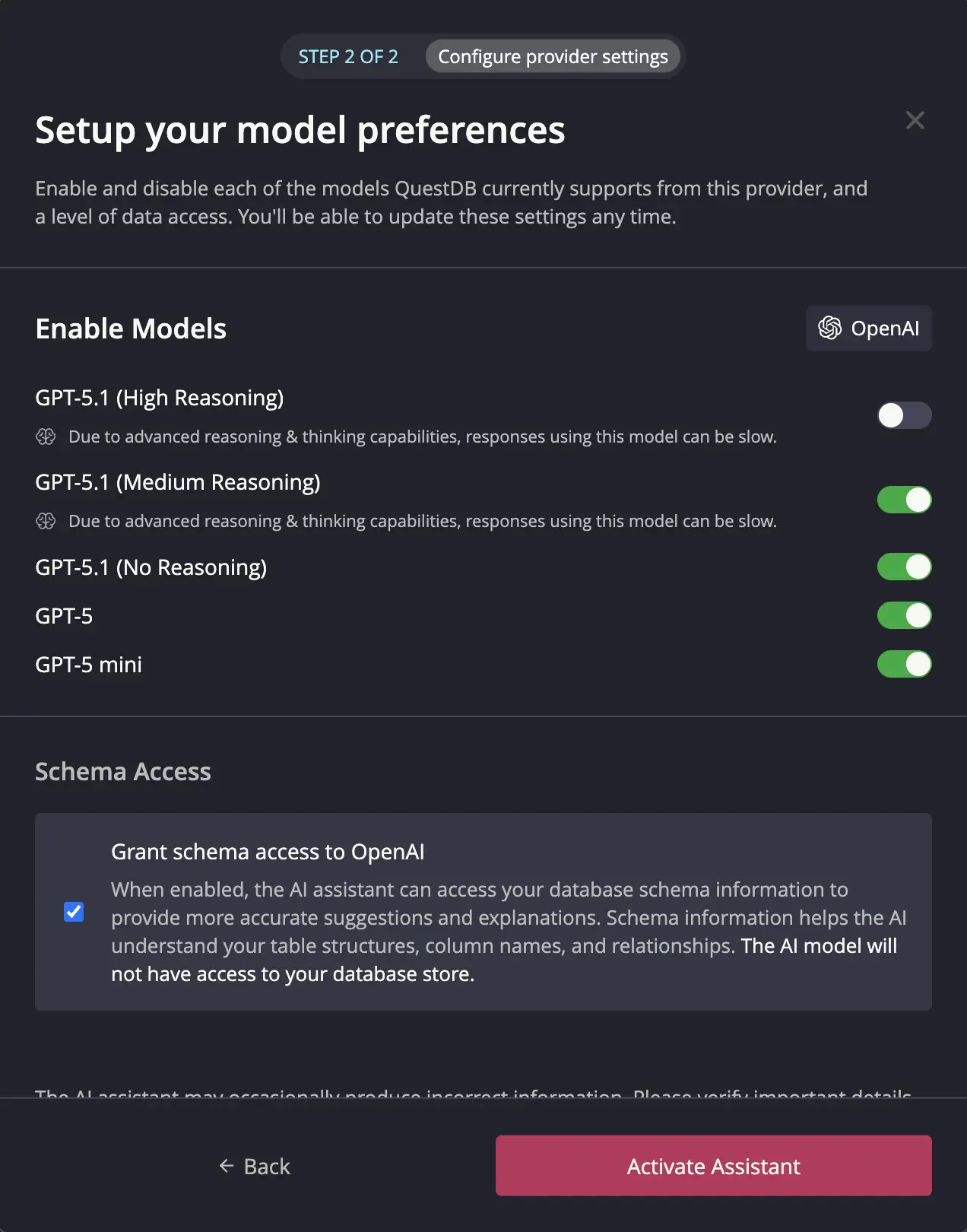Model selection interface with toggle switches